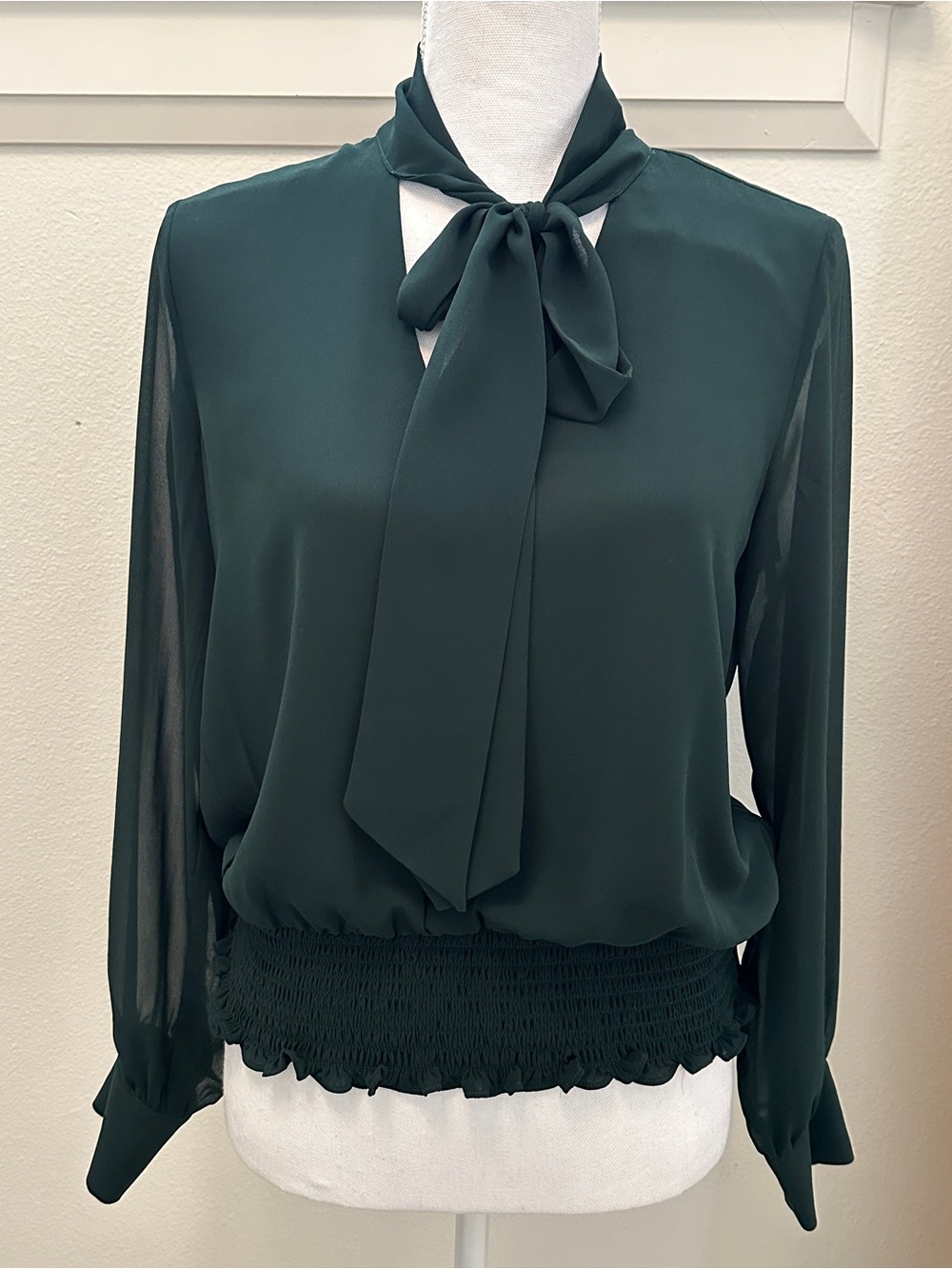 1. State Emerald Tie-Neck Blouse with Smocked Waist